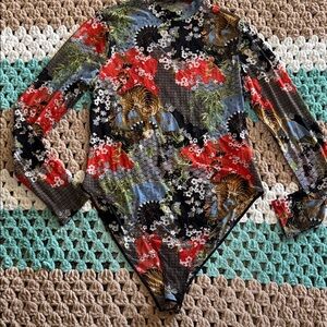 Black Asian Inspired Floral Tiger Print Sheer 1pc Bodysuit Womans sz 2x Plus